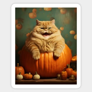 Retro Vintage: Chubby Cat and Pumpkin - Whimsical Autumn Halloween Delight Sticker